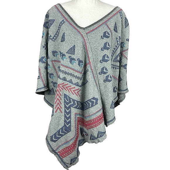 JOHNNY WAS: Grey Tribal Embroidered Poncho / Shrug - Size Large